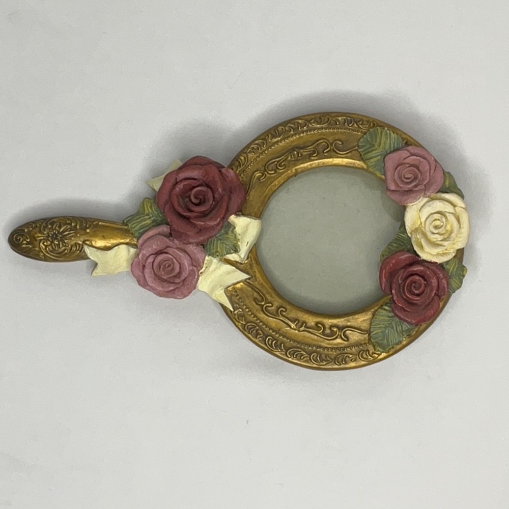 Vintage Picture Frame Golden Hand Mirror Floral Design